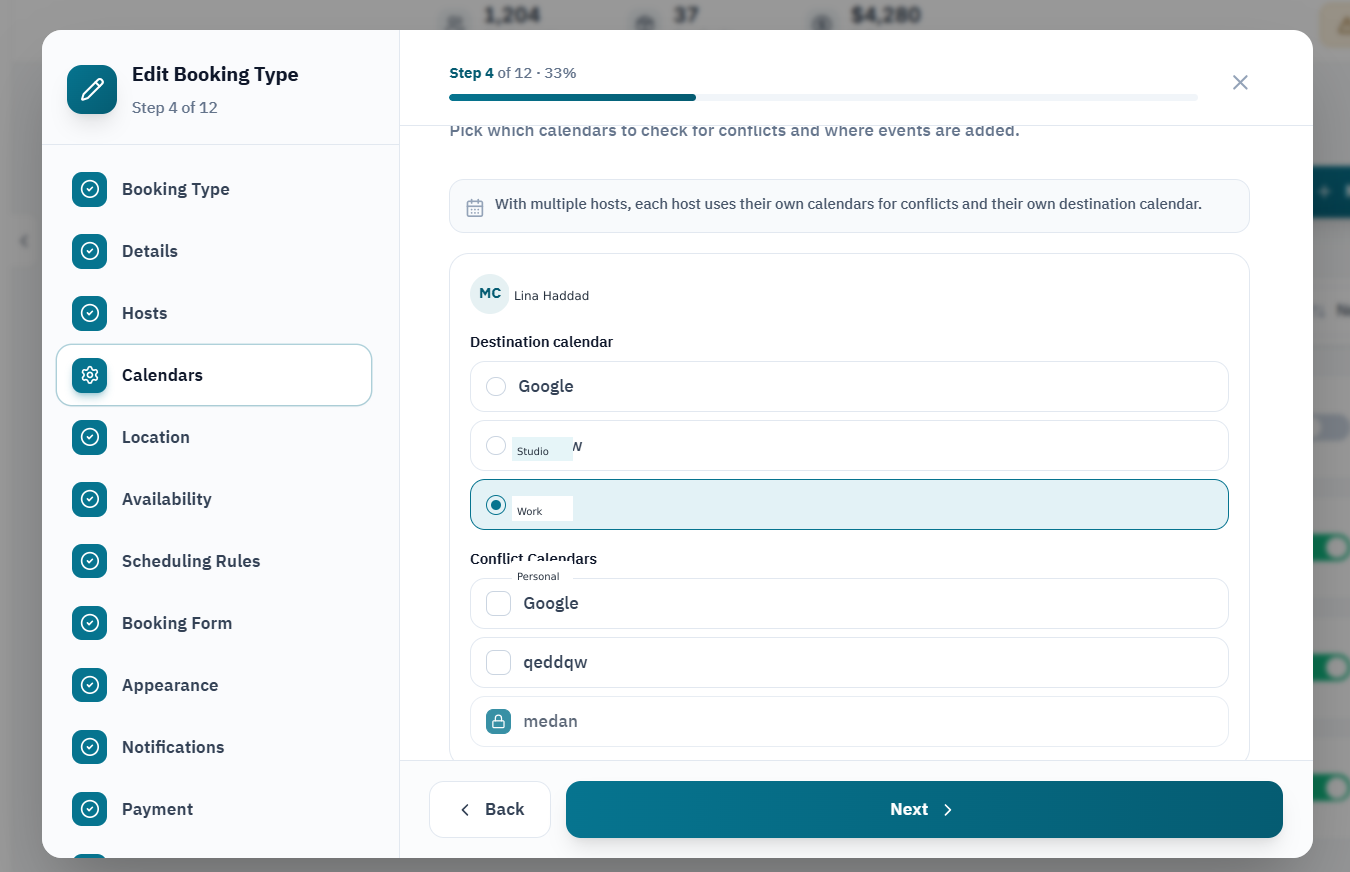 Choose calendars for conflict checks