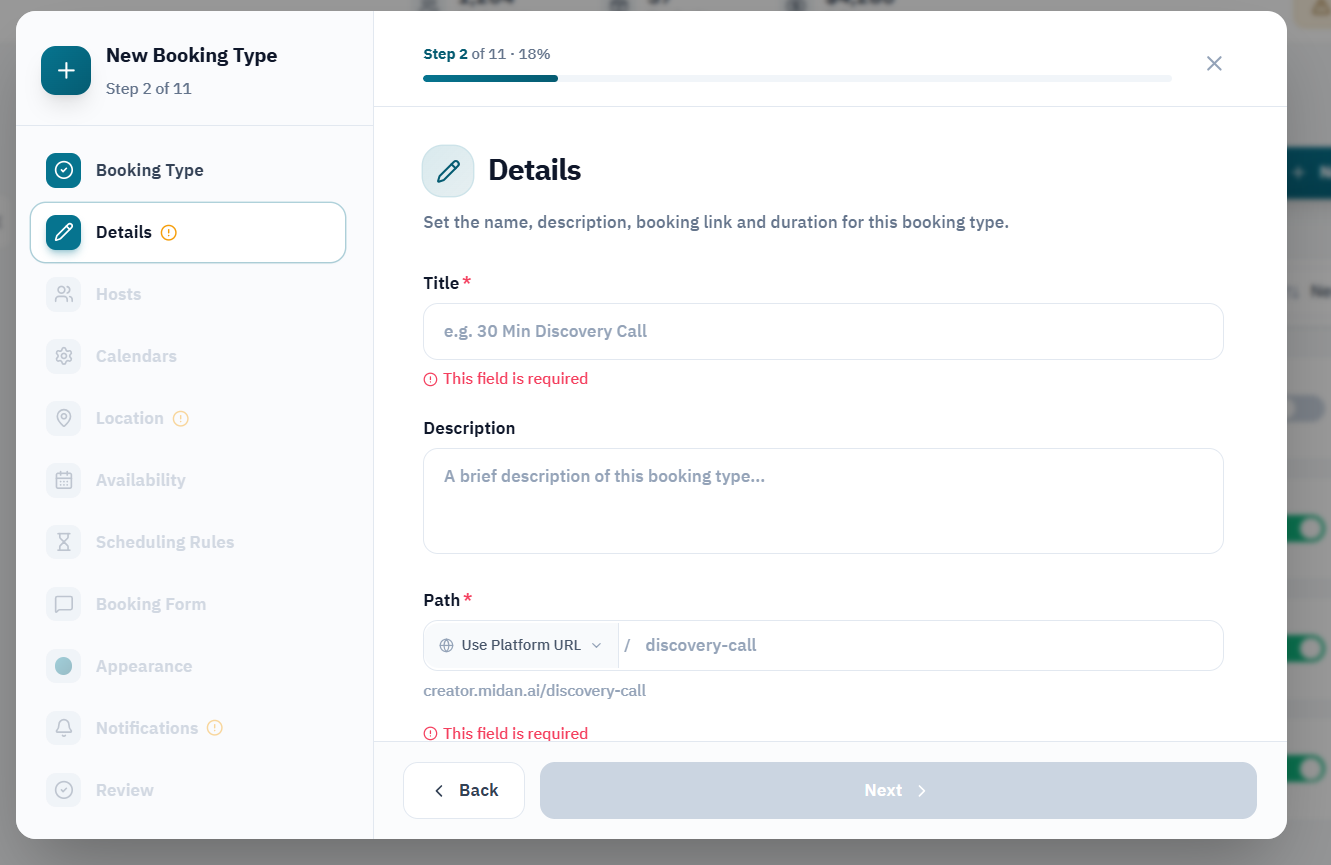 Set the booking title and link