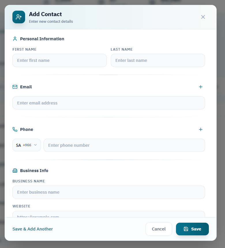 Add a contact with personal and business details.