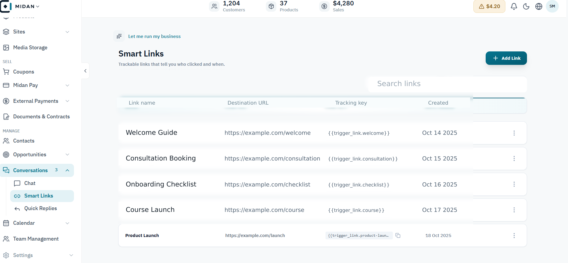 Organize links made for conversations