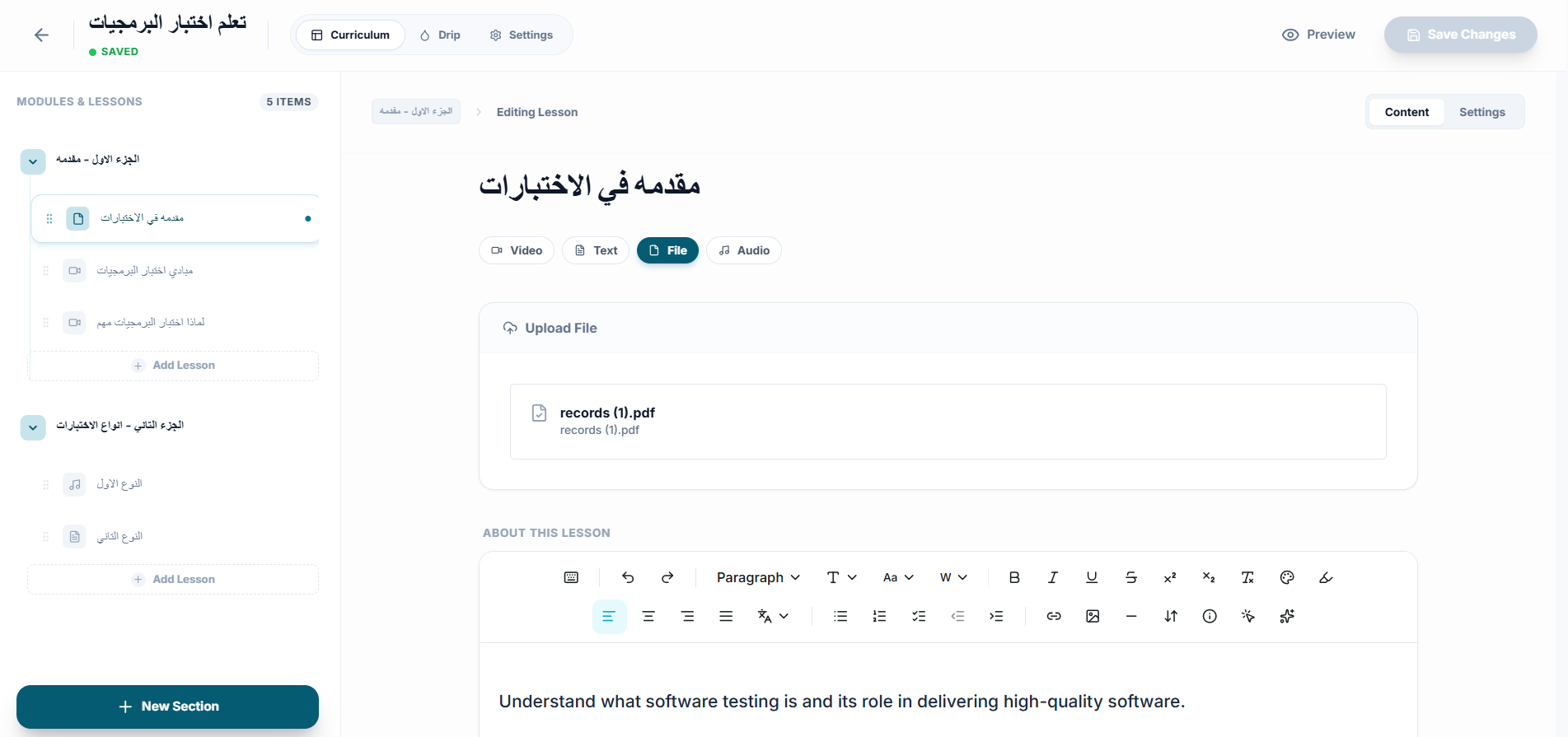 Organize course sections and lessons