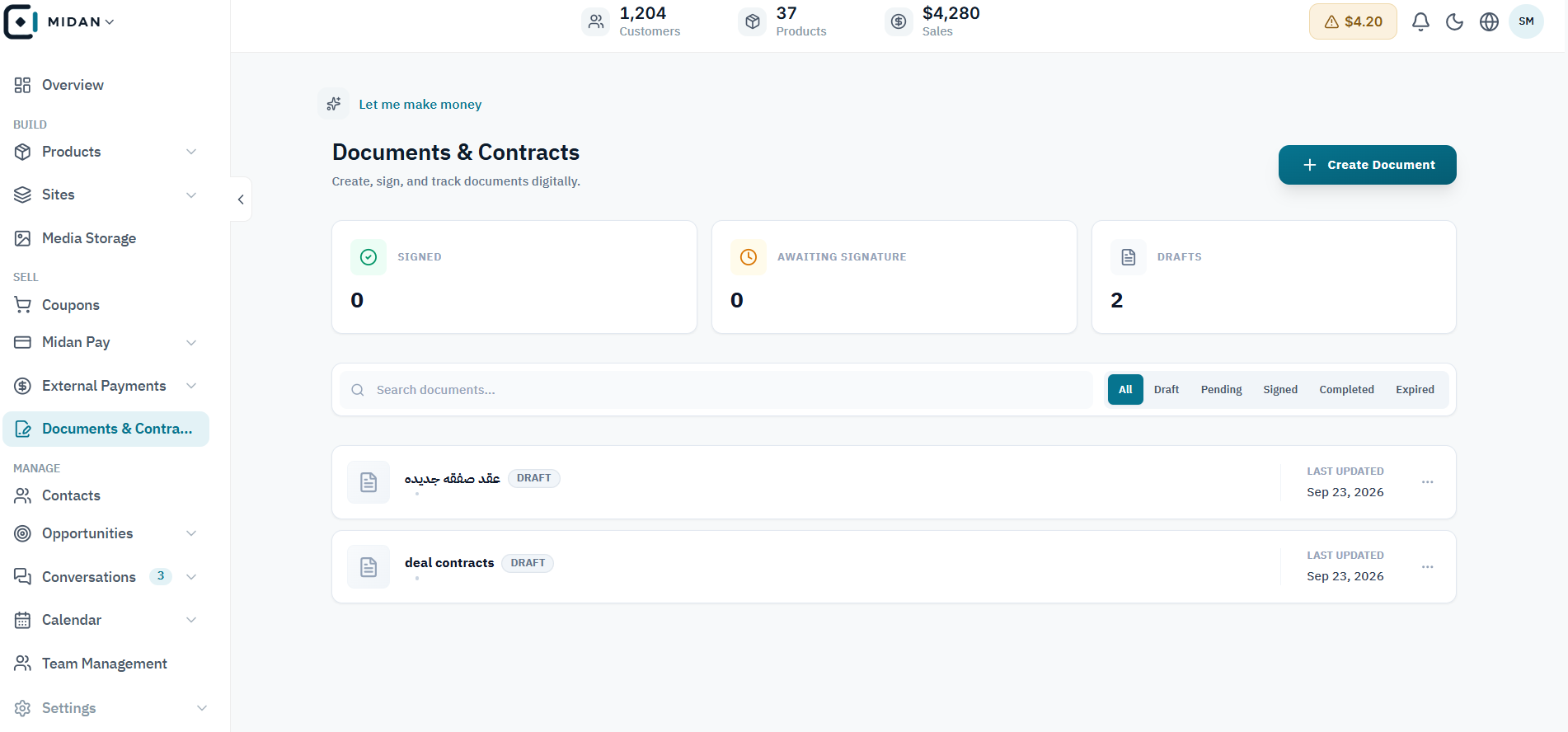 Track drafts, pending signatures, and completed documents.