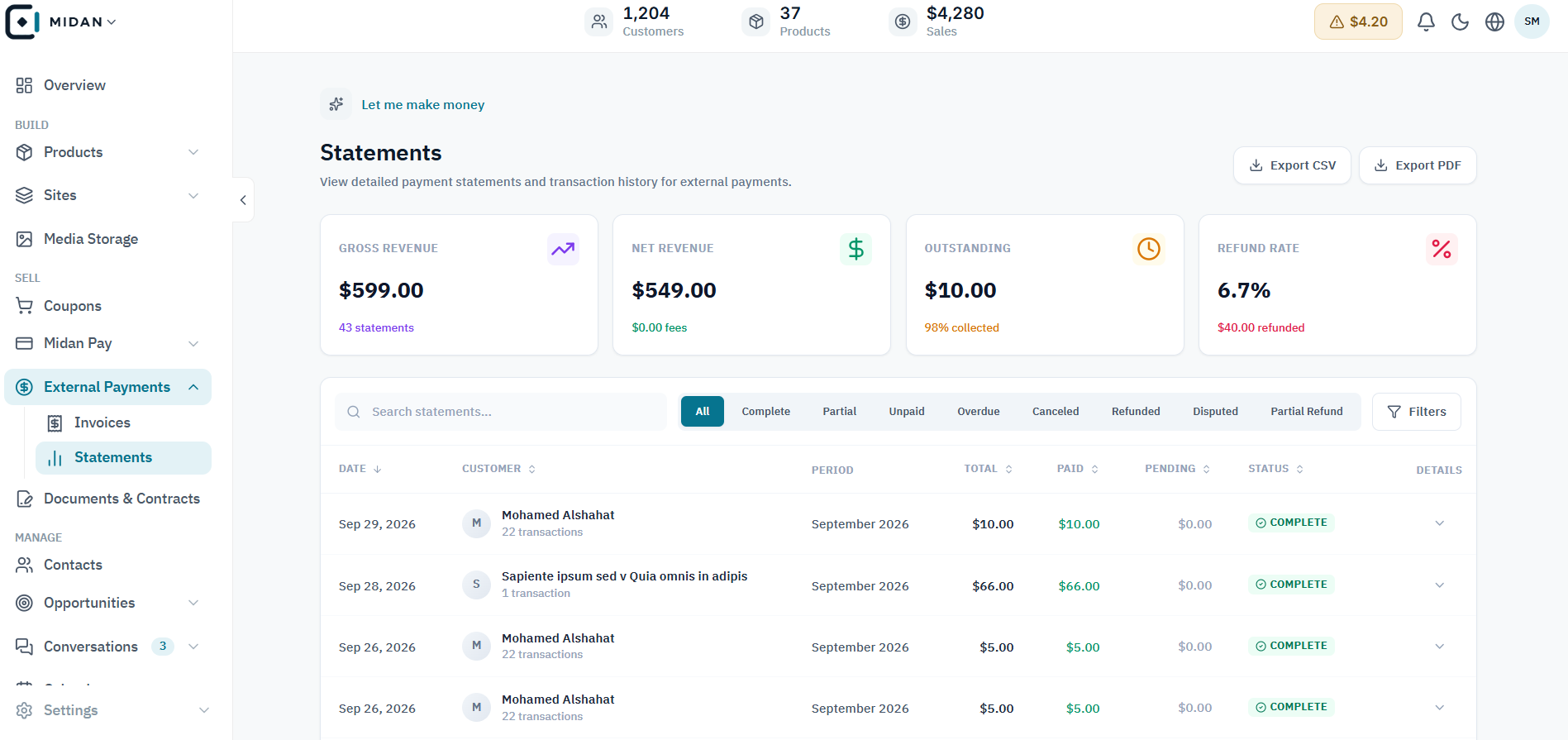 Review statement totals and payment history