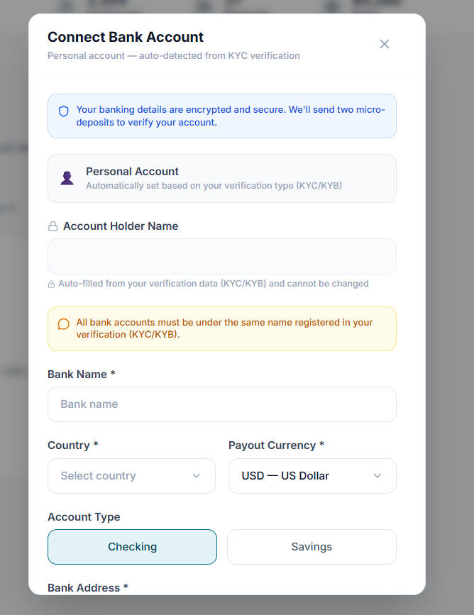 Add payout account details