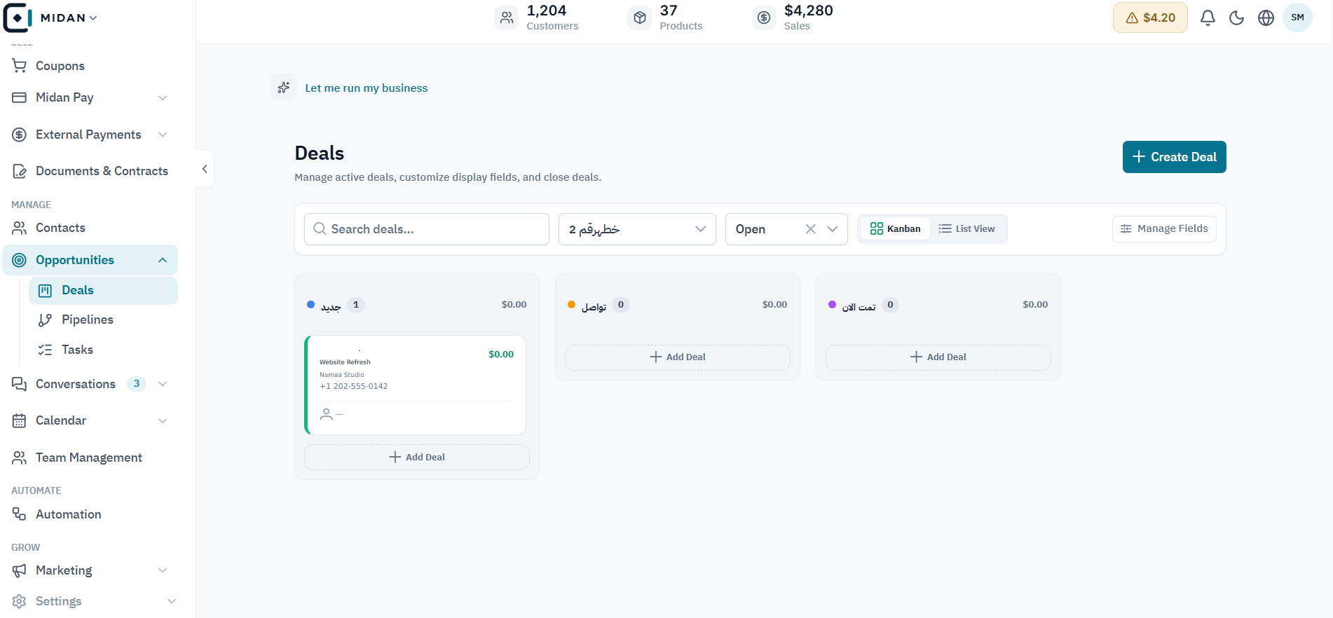Review deals by stage in one workspace.