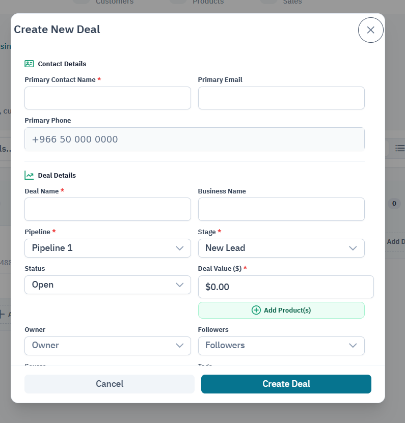 Create a deal with its contact and business details.