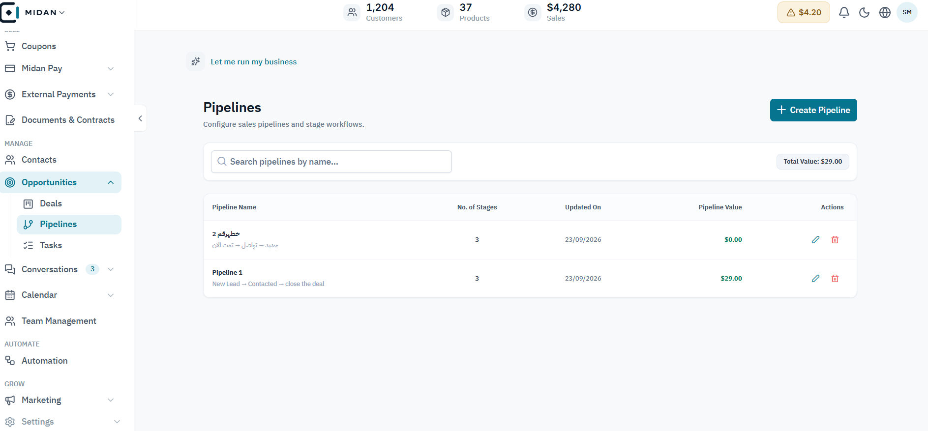 Compare pipelines, stages, and total value.