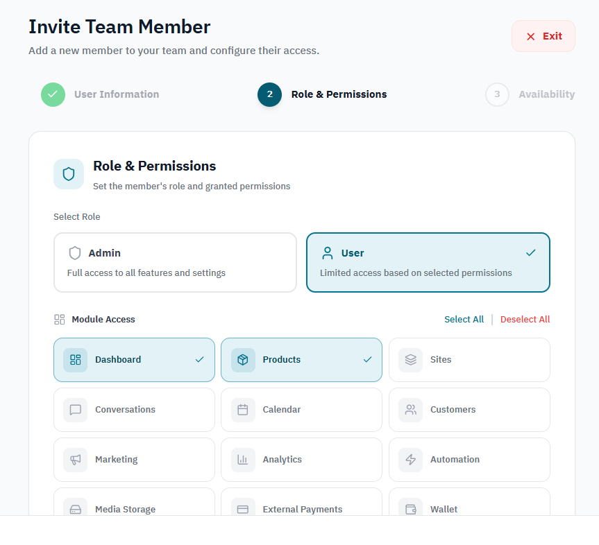 Choose a role and module permissions